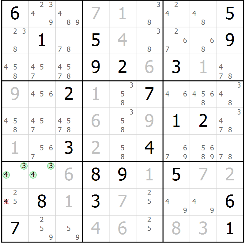 Position des candidats pour la solution de la Gr 3 page 6 du magazine de sudoku Virtuose n° 112