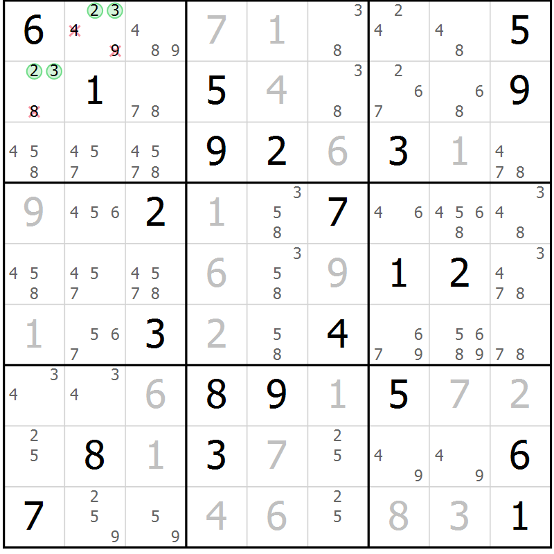 Position des candidats pour la solution de la Gr 3 page 6 du magazine de sudoku Virtuose n° 112