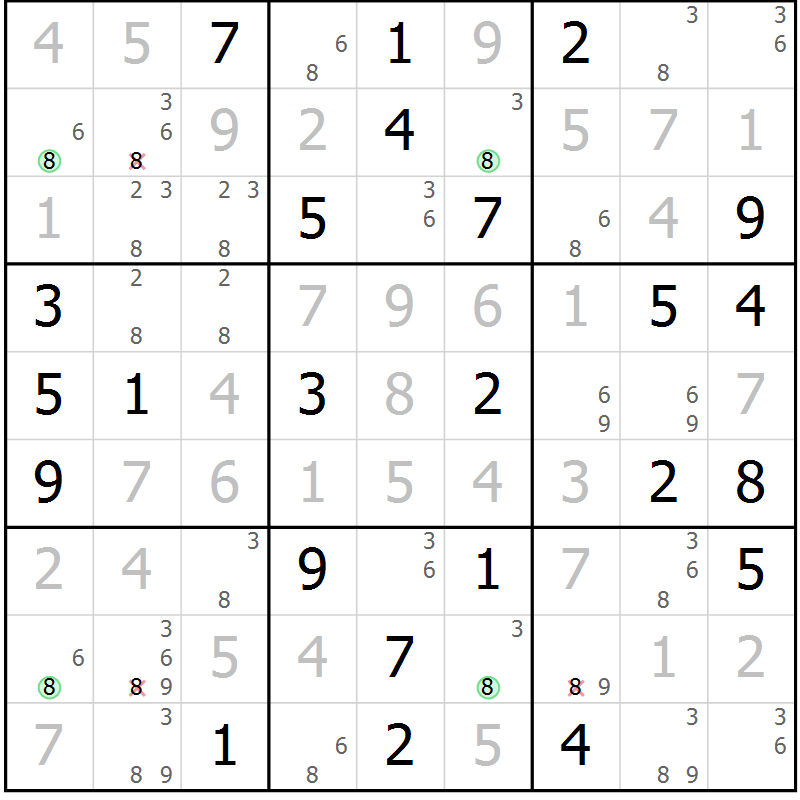 Position des candidats pour la solution de la Gr 33 page 36 du magazine de sudoku Virtuose n° 112