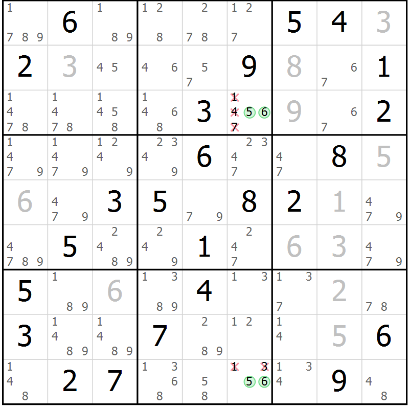 Position des candidats pour la solution de la Gr 36 page 39 du magazine de sudoku Virtuose n° 112