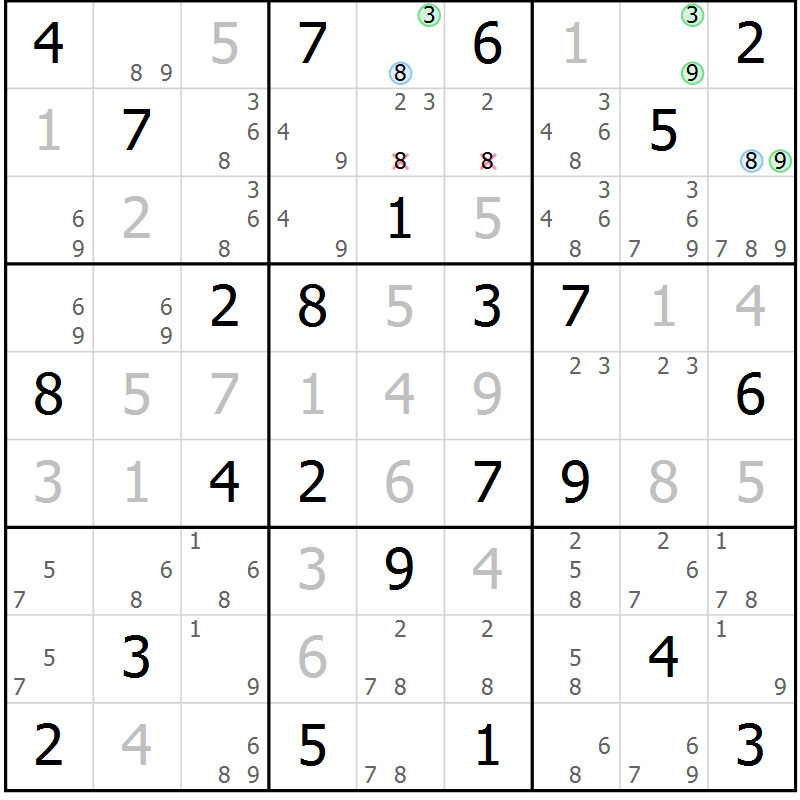 Position des candidats pour la solution de la Gr 39 page 42 du magazine de sudoku Virtuose n° 112