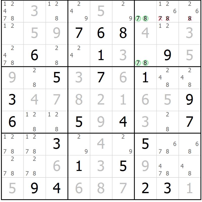 Position des candidats pour la solution de la Gr 41 page 44 du magazine de sudoku Virtuose n° 112