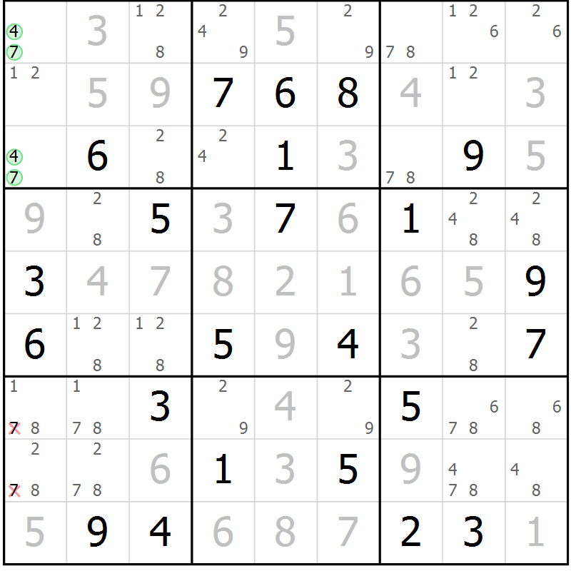Position des candidats pour la solution de la Gr 41 page 44 du magazine de sudoku Virtuose n° 112