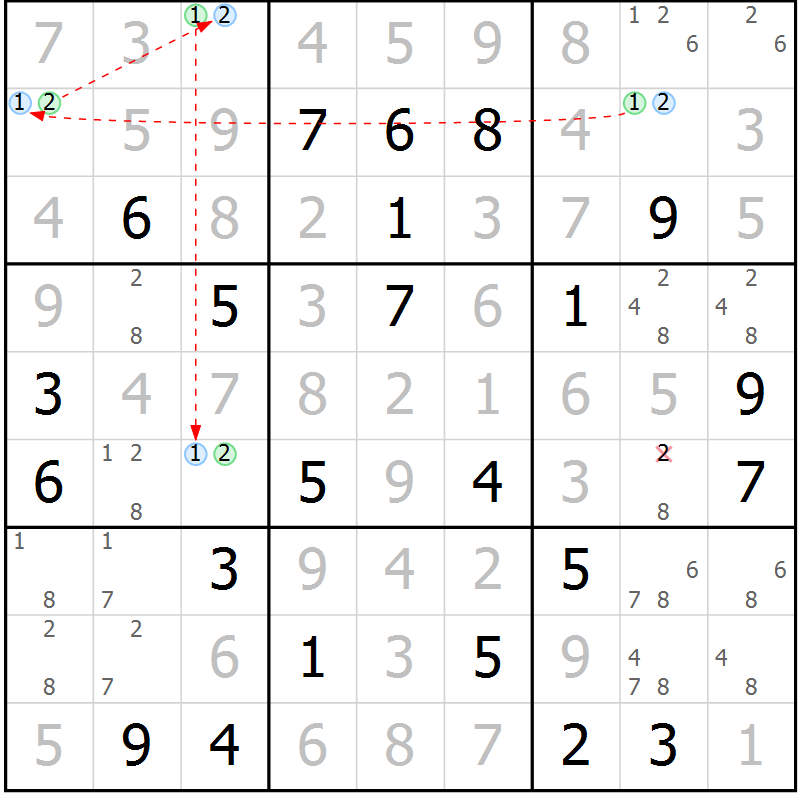 Position des candidats pour la solution de la Gr 41 page 44 du magazine de sudoku Virtuose n° 112