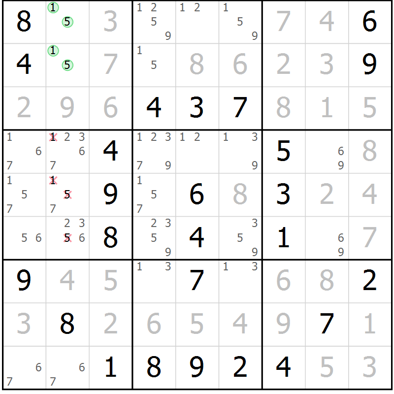 Position des candidats pour la solution de la Gr 42 page 45 du magazine de sudoku Virtuose n° 112