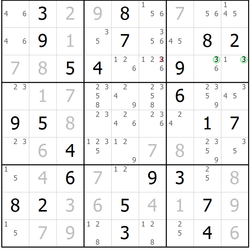 Position des candidats pour la solution de la Gr 43 page 46 du magazine de sudoku Virtuose n° 112