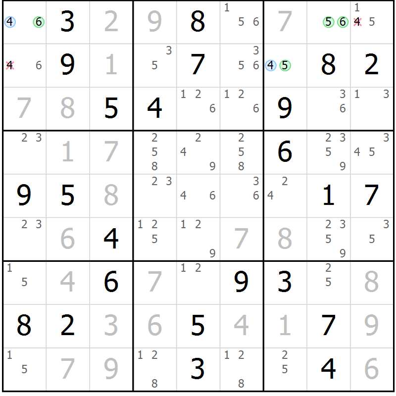 Position des candidats pour la solution de la Gr 43 page 46 du magazine de sudoku Virtuose n° 112