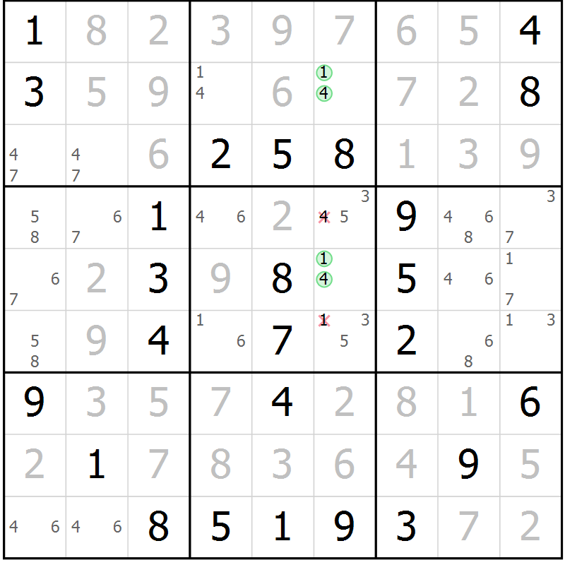 Position des candidats pour la solution de la Gr 45 page 48 du magazine de sudoku Virtuose n° 112