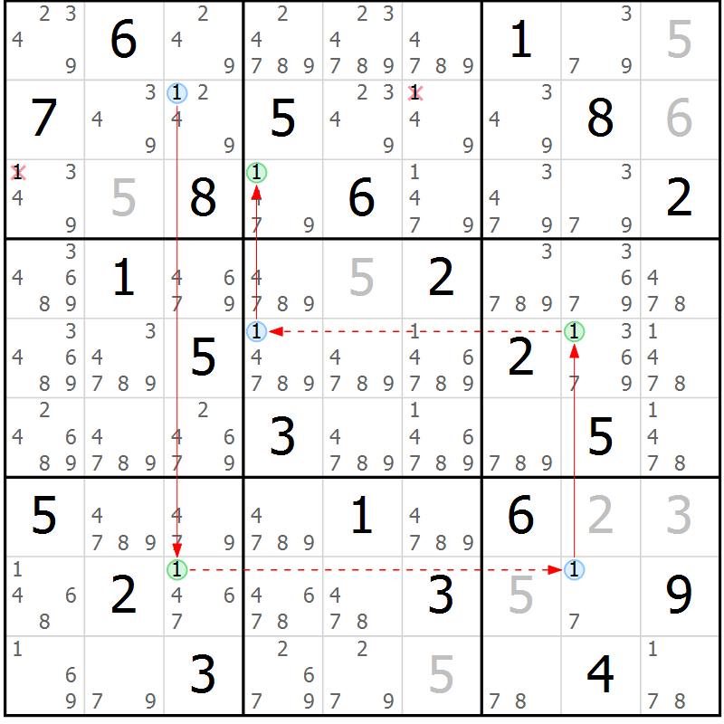 Position des candidats pour la solution de la Gr 48 page 51 du magazine de sudoku Virtuose n° 112