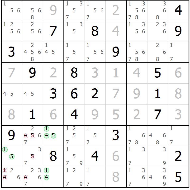 Position des candidats pour la solution de la Gr 5 page 8 du magazine de sudoku Virtuose n° 112