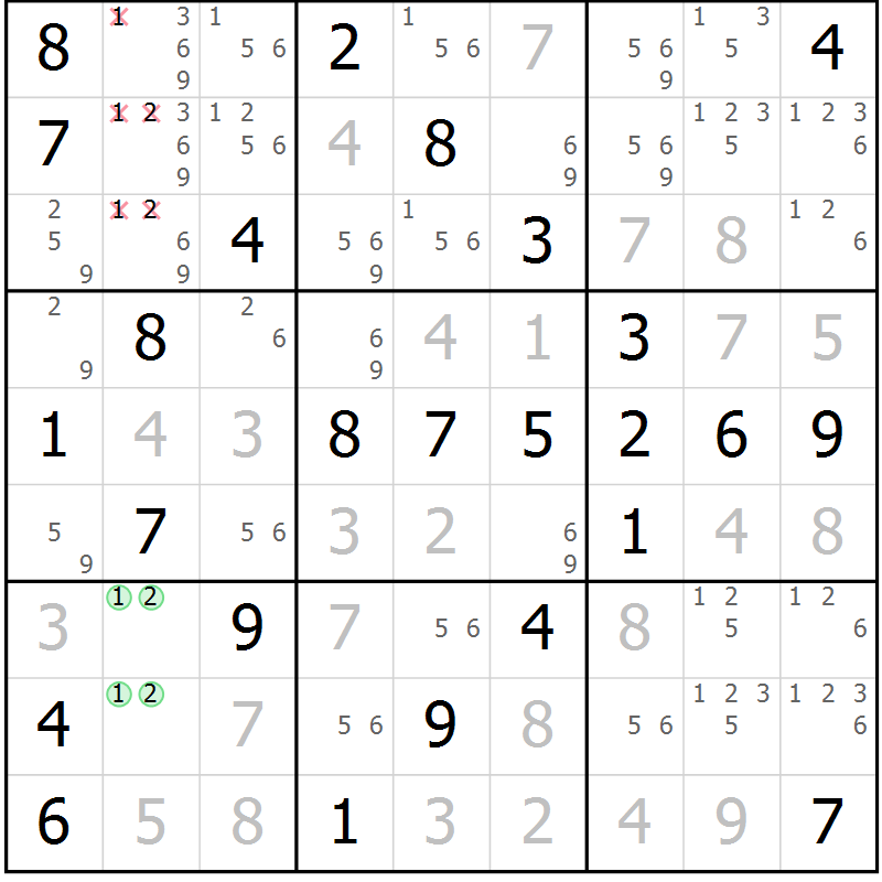 Position des candidats pour la solution de la Gr 50 page 53 du magazine de sudoku Virtuose n° 112