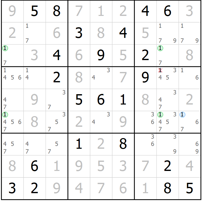 Position des candidats pour la solution de la Gr 54 page 57 du magazine de sudoku Virtuose n° 112