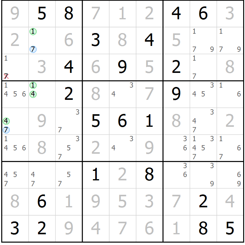 Position des candidats pour la solution de la Gr 54 page 57 du magazine de sudoku Virtuose n° 112