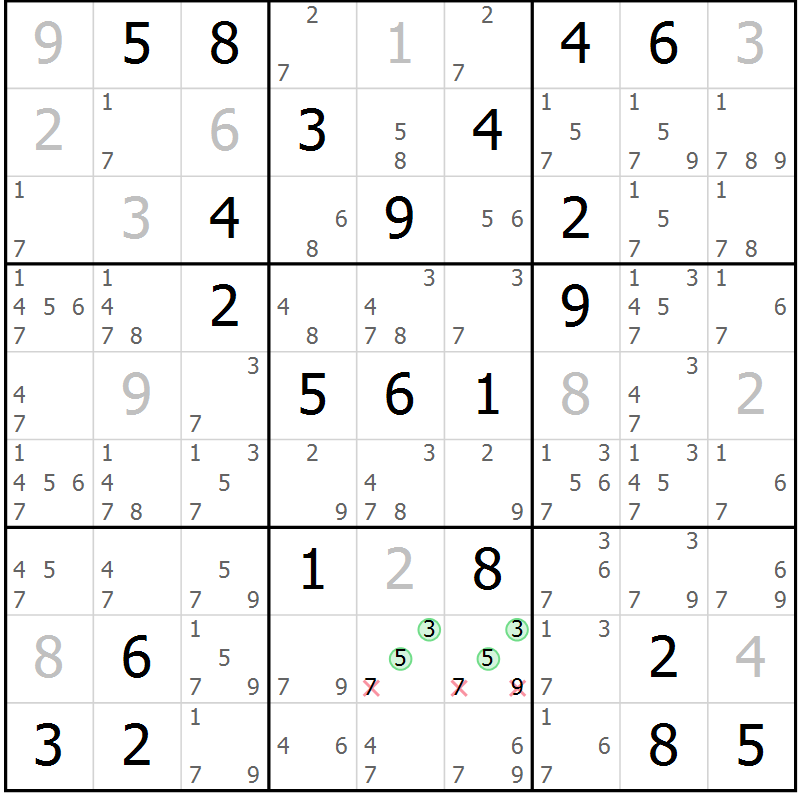 Position des candidats pour la solution de la Gr 54 page 57 du magazine de sudoku Virtuose n° 112