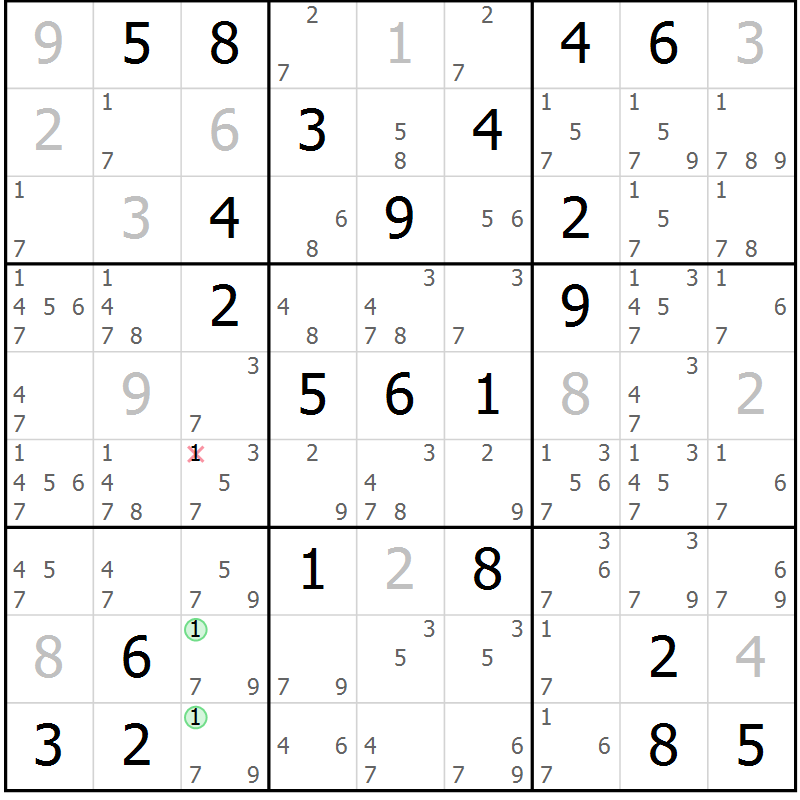 Position des candidats pour la solution de la Gr 54 page 57 du magazine de sudoku Virtuose n° 112