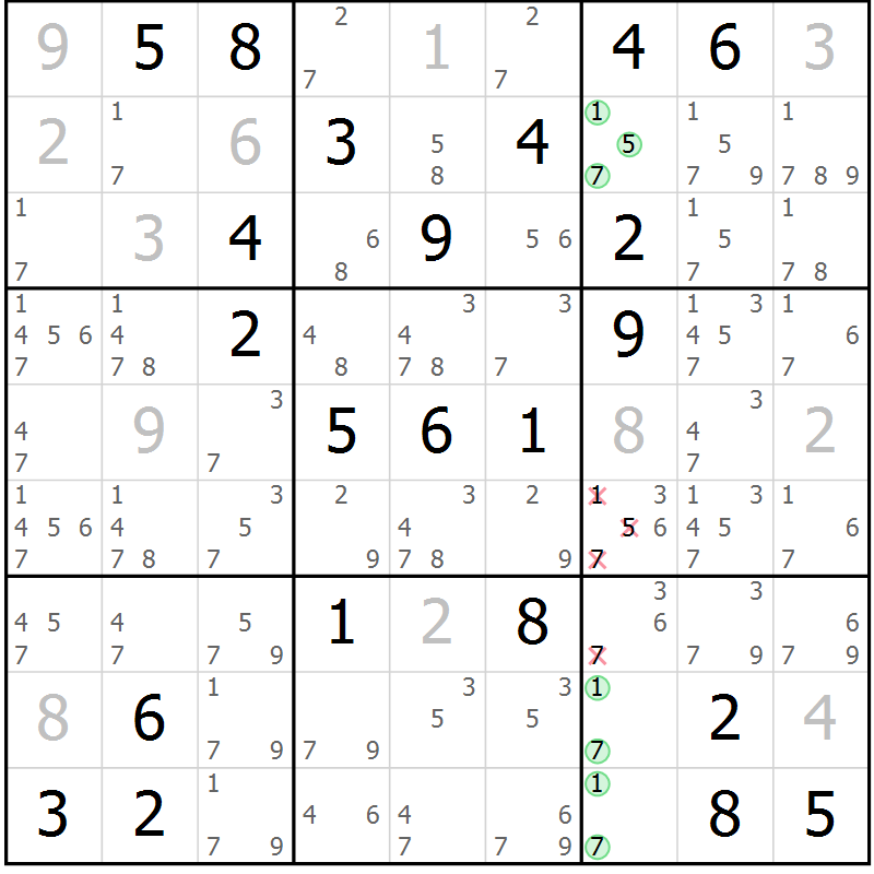 Position des candidats pour la solution de la Gr 54 page 57 du magazine de sudoku Virtuose n° 112