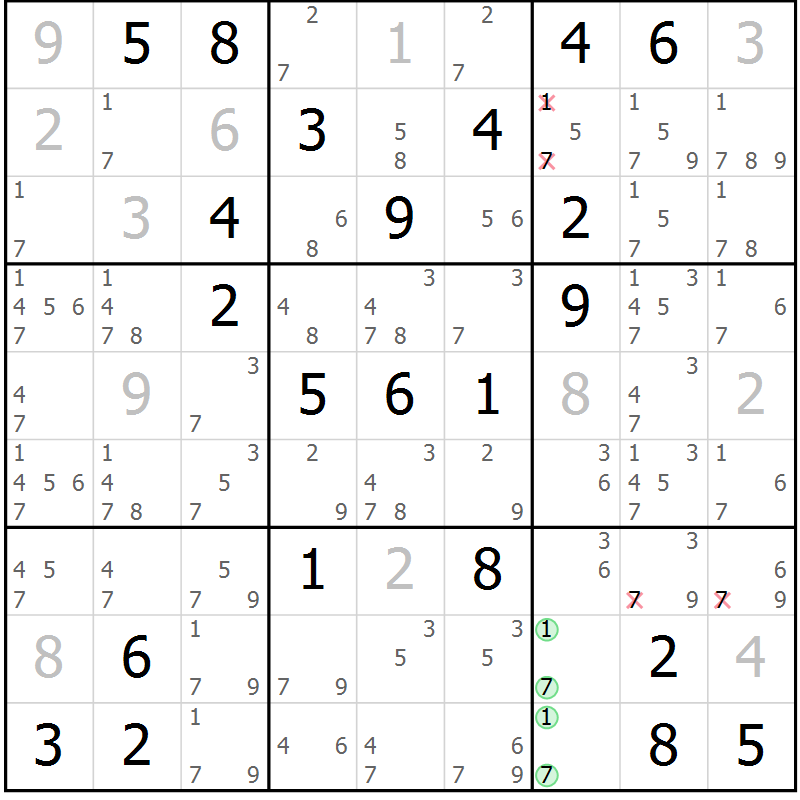 Position des candidats pour la solution de la Gr 54 page 57 du magazine de sudoku Virtuose n° 112