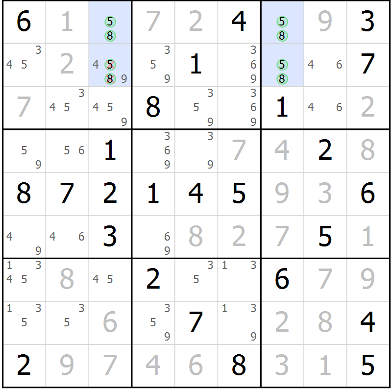 Position des candidats pour la solution de la Gr 55 page 58 du magazine de sudoku Virtuose n° 112