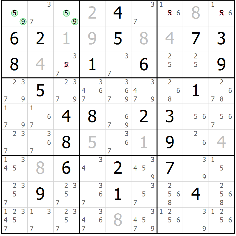 Position des candidats pour la solution de la Gr 57 page 60 du magazine de sudoku Virtuose n° 112