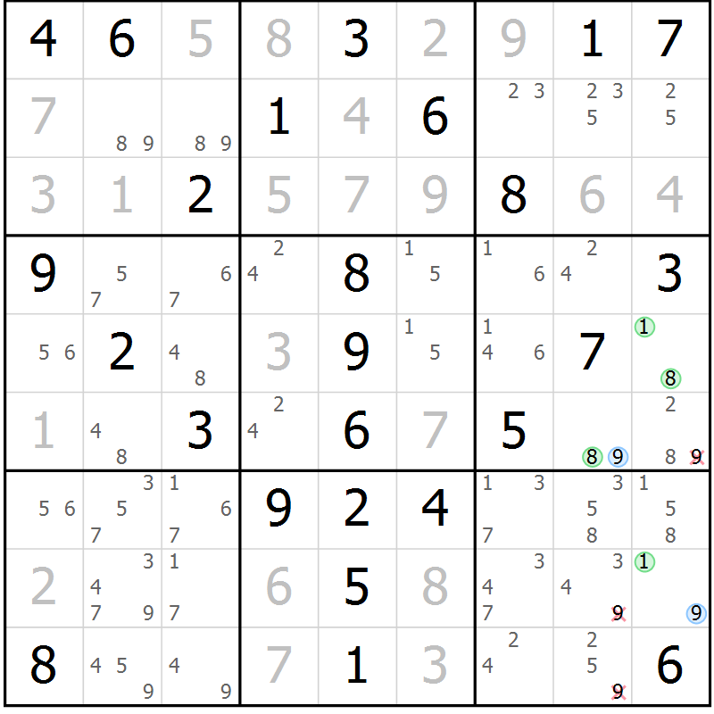 Position des candidats pour la solution de la Gr 58 page 61 du magazine de sudoku Virtuose n° 112