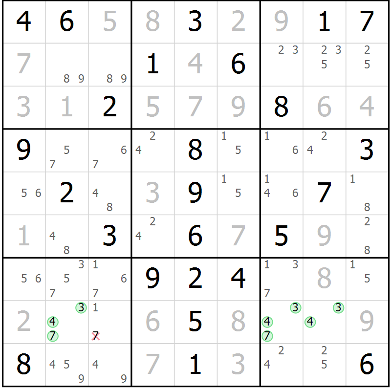 Position des candidats pour la solution de la Gr 58 page 61 du magazine de sudoku Virtuose n° 112