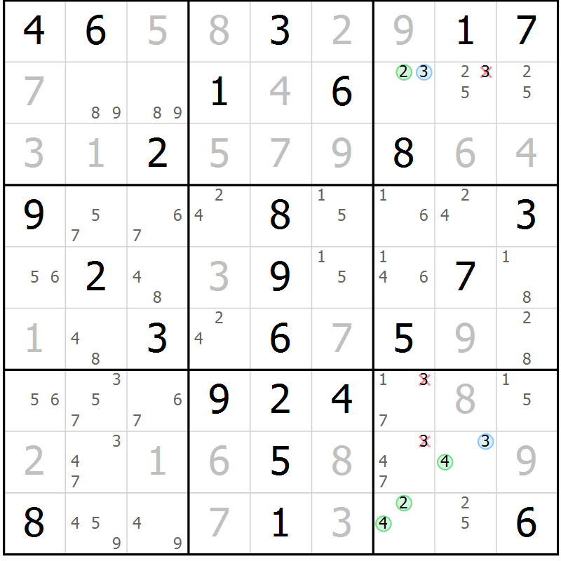 Position des candidats pour la solution de la Gr 58 page 61 du magazine de sudoku Virtuose n° 112