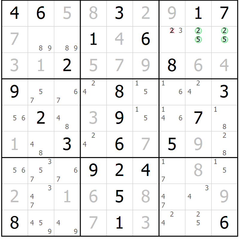 Position des candidats pour la solution de la Gr 58 page 61 du magazine de sudoku Virtuose n° 112