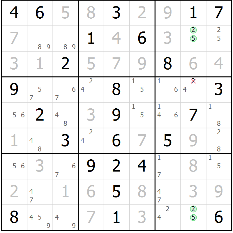 Position des candidats pour la solution de la Gr 58 page 61 du magazine de sudoku Virtuose n° 112