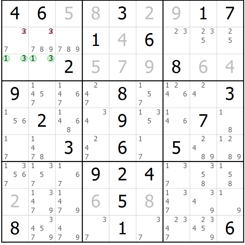 Position des candidats pour la solution de la Gr 58 page 61 du magazine de sudoku Virtuose n° 112