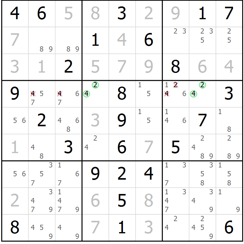 Position des candidats pour la solution de la Gr 58 page 61 du magazine de sudoku Virtuose n° 112