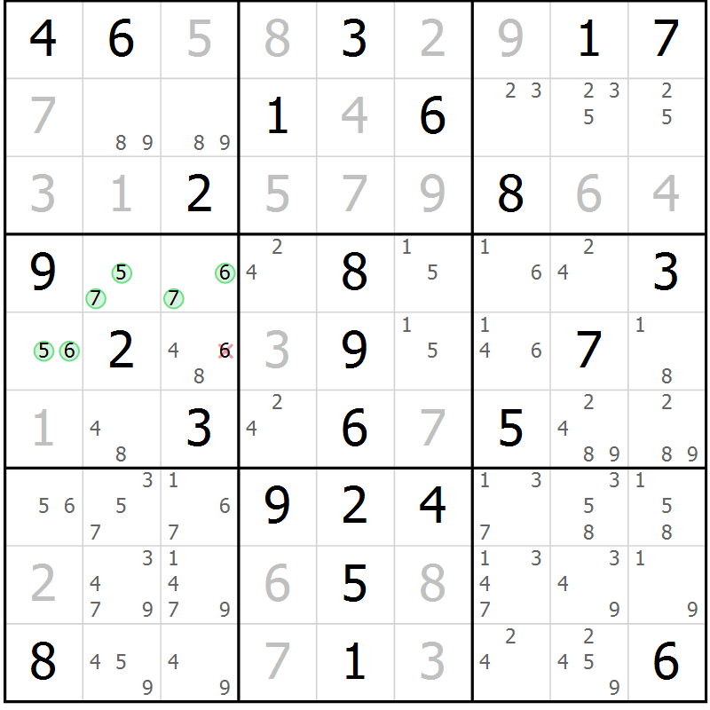 Position des candidats pour la solution de la Gr 58 page 61 du magazine de sudoku Virtuose n° 112