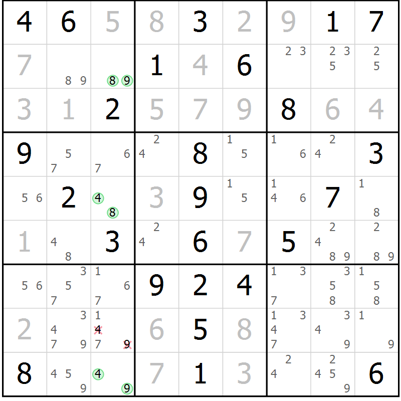 Position des candidats pour la solution de la Gr 58 page 61 du magazine de sudoku Virtuose n° 112