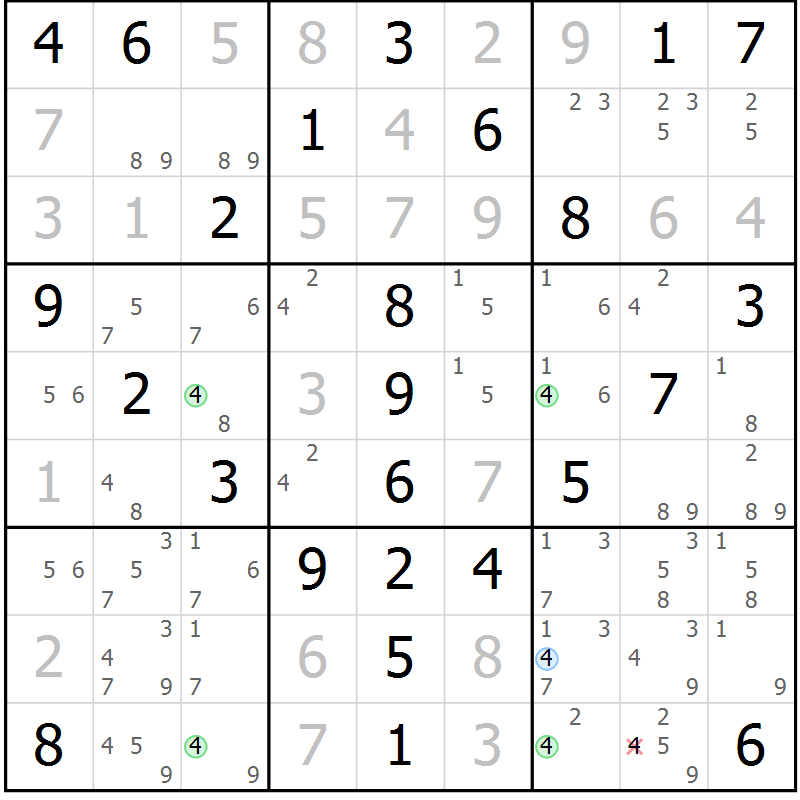 Position des candidats pour la solution de la Gr 58 page 61 du magazine de sudoku Virtuose n° 112