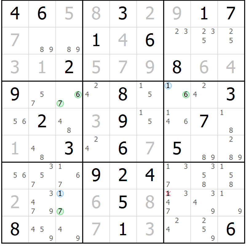 Position des candidats pour la solution de la Gr 58 page 61 du magazine de sudoku Virtuose n° 112