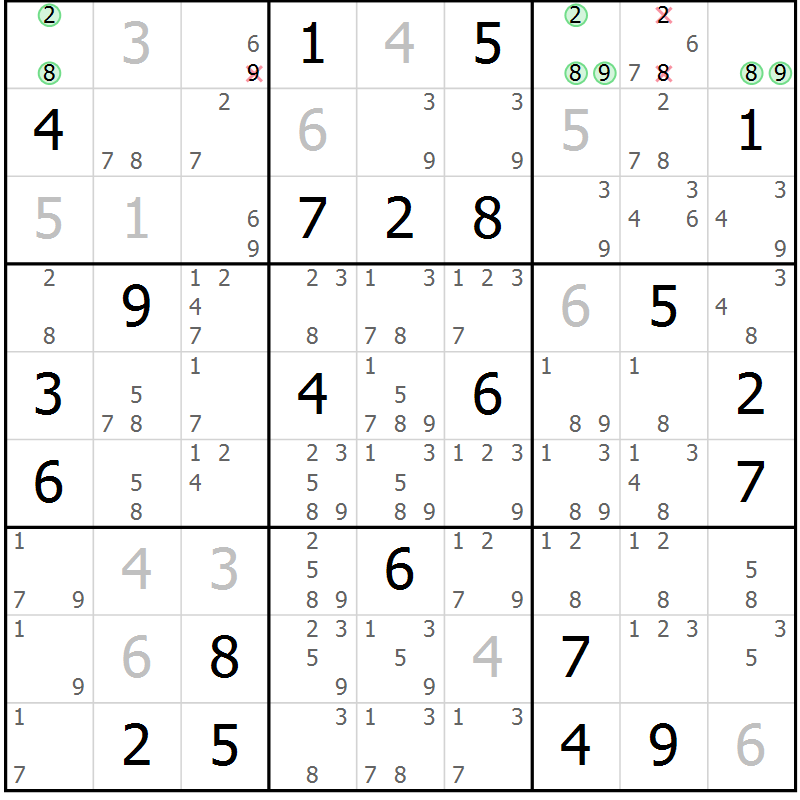Position des candidats pour la solution de la Gr 6 page 9 du magazine de sudoku Virtuose n° 112