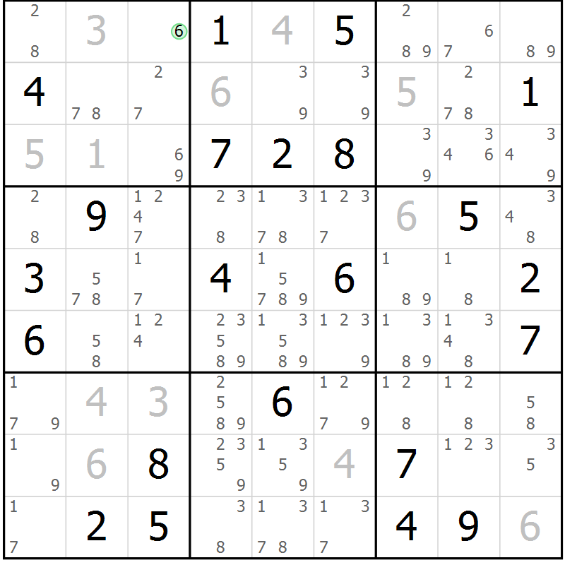 Position des candidats pour la solution de la Gr 6 page 9 du magazine de sudoku Virtuose n° 112