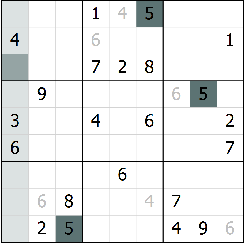 Position des candidats pour la solution de la Gr 6 page 9 du magazine de sudoku Virtuose n° 112
