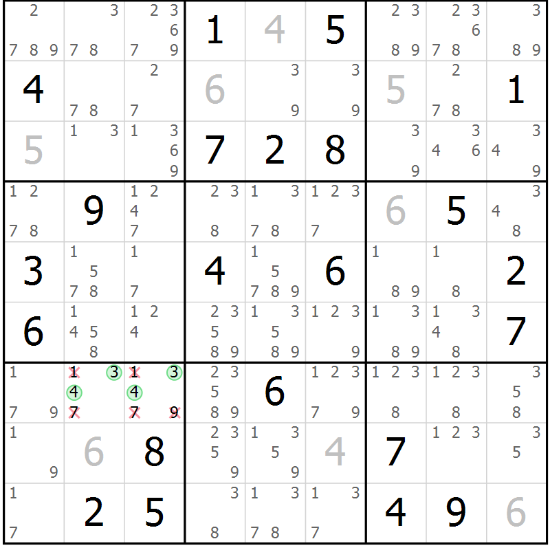 Position des candidats pour la solution de la Gr 6 page 9 du magazine de sudoku Virtuose n° 112