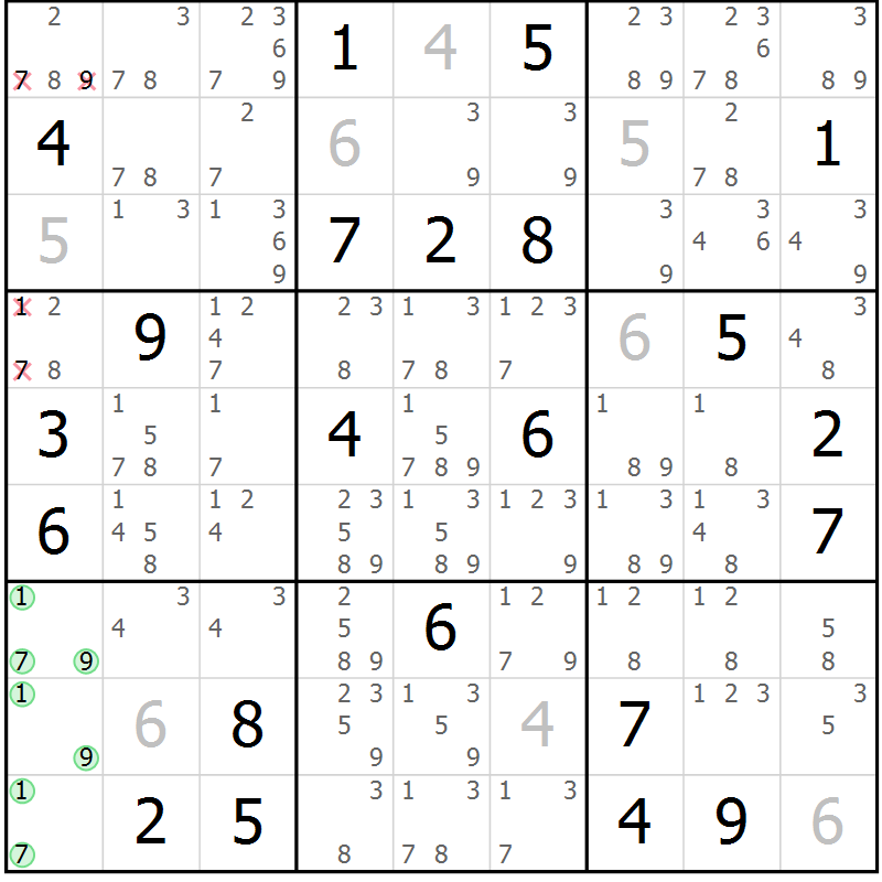 Position des candidats pour la solution de la Gr 6 page 9 du magazine de sudoku Virtuose n° 112