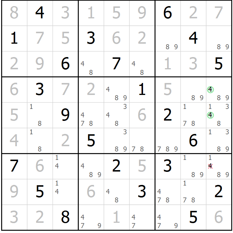 Position des candidats pour la solution de la Gr 61 page 64 du magazine de sudoku Virtuose n° 112