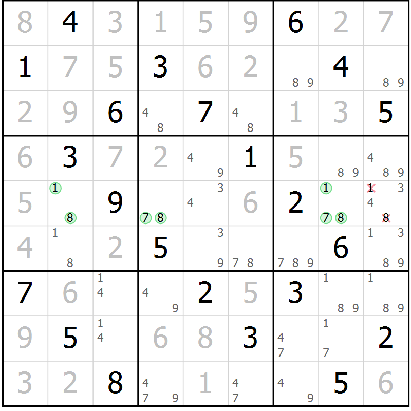 Position des candidats pour la solution de la Gr 61 page 64 du magazine de sudoku Virtuose n° 112