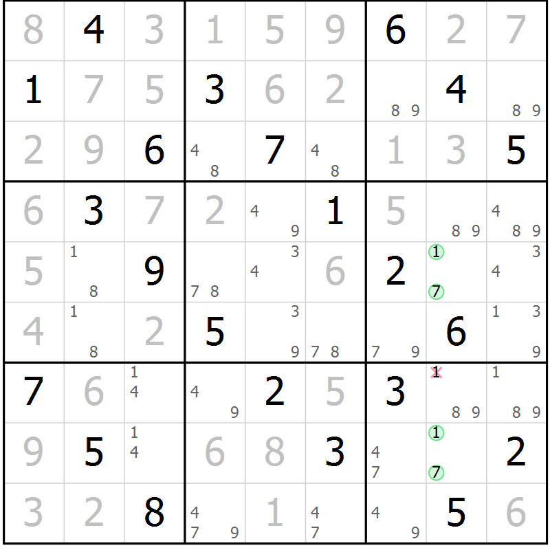 Position des candidats pour la solution de la Gr 61 page 64 du magazine de sudoku Virtuose n° 112