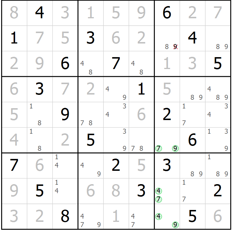 Position des candidats pour la solution de la Gr 61 page 64 du magazine de sudoku Virtuose n° 112