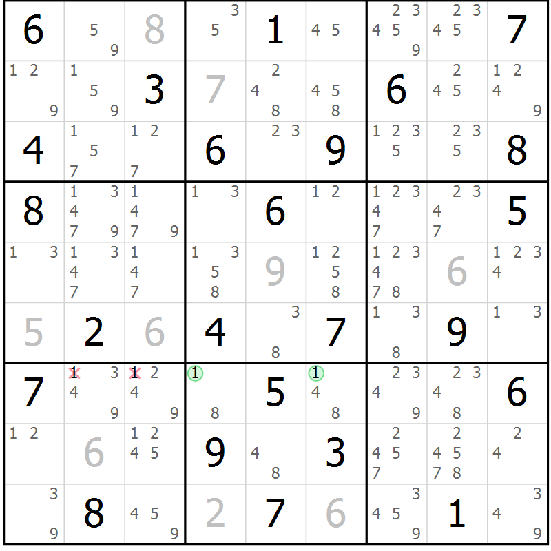 Position des candidats pour la solution de la Gr 64 page 67 du magazine de sudoku Virtuose n° 112