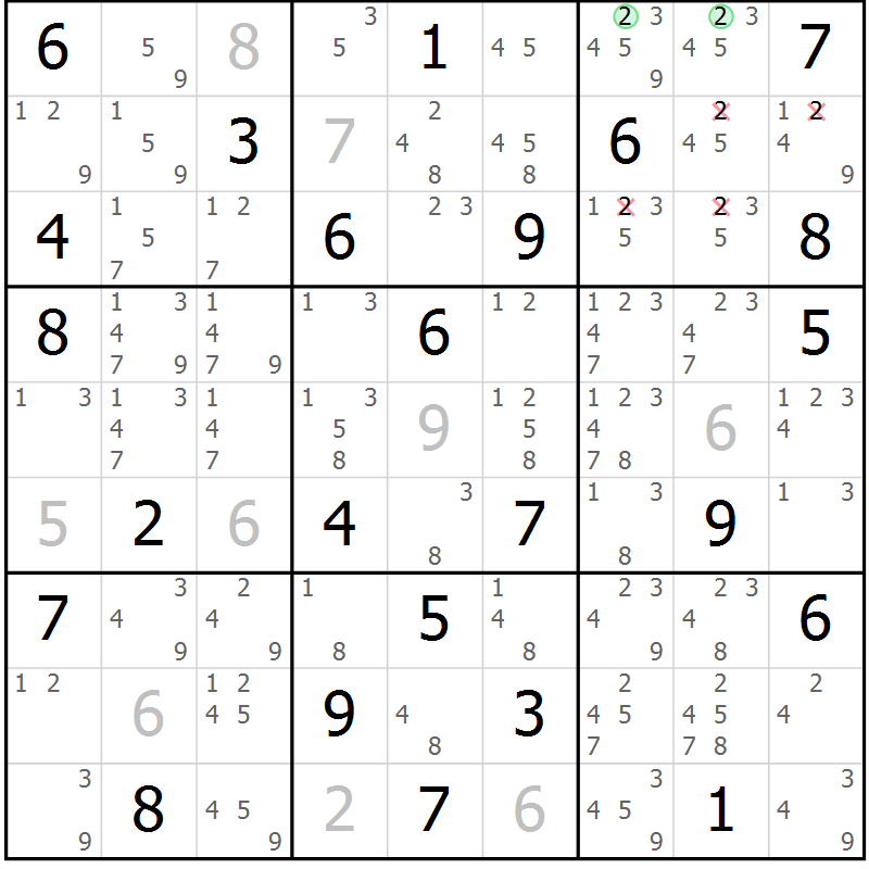 Position des candidats pour la solution de la Gr 64 page 67 du magazine de sudoku Virtuose n° 112