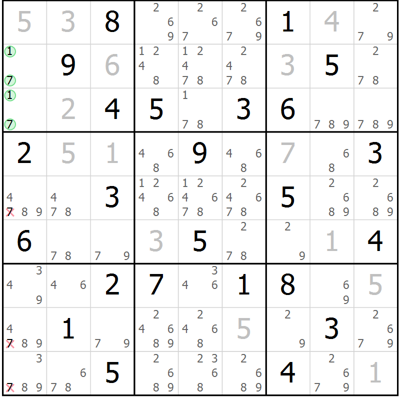 Position des candidats pour la solution de la Gr 68 page 71 du magazine de sudoku Virtuose n° 112