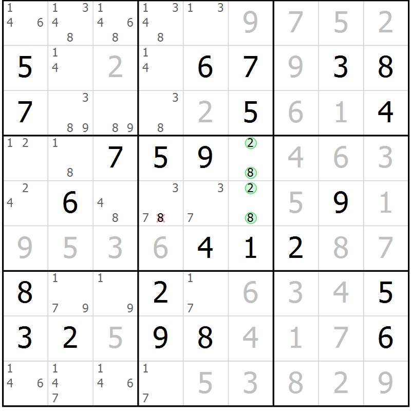Position des candidats pour la solution de la Gr 69 page 72 du magazine de sudoku Virtuose n° 112