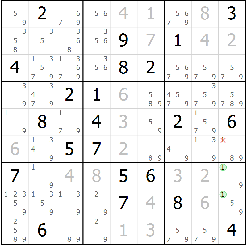 Position des candidats pour la solution de la Gr 7 page 10 du magazine de sudoku Virtuose n° 112