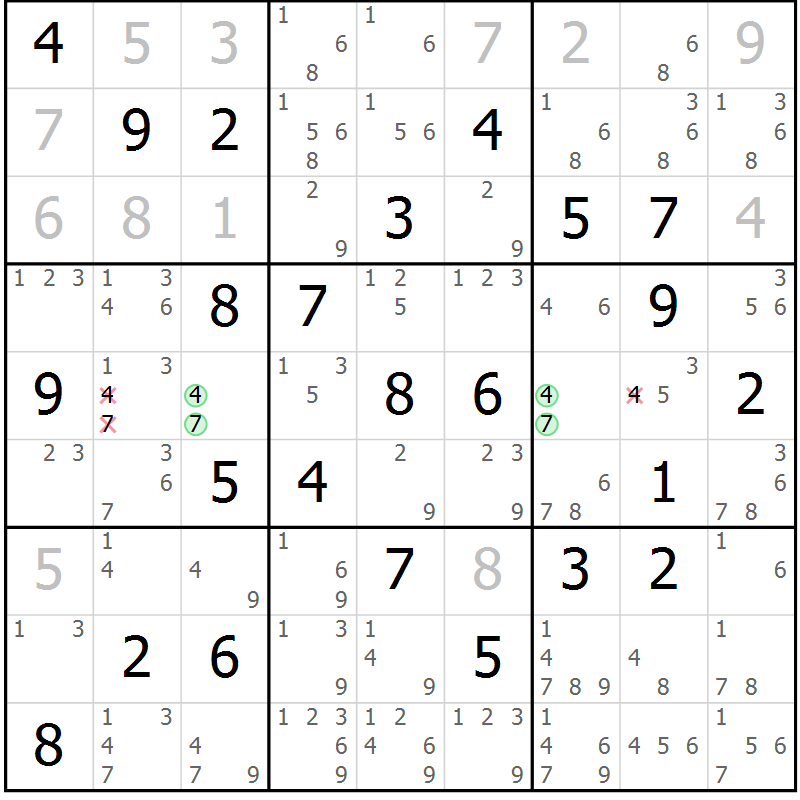 Position des candidats pour la solution de la Gr 70 page 73 du magazine de sudoku Virtuose n° 112
