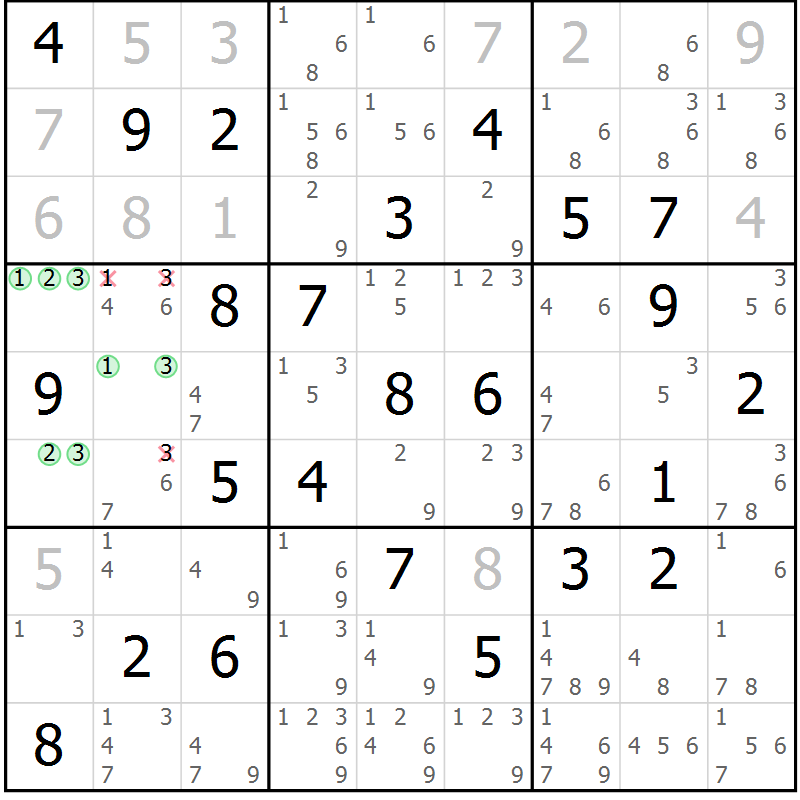 Position des candidats pour la solution de la Gr 70 page 73 du magazine de sudoku Virtuose n° 112
